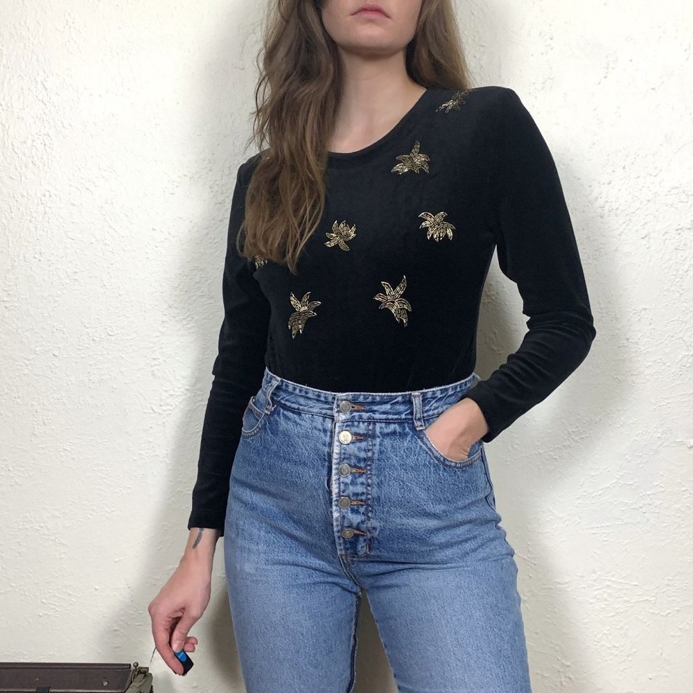 Oleg Cassini vintage 80s black velvet beaded bodysuit NWT